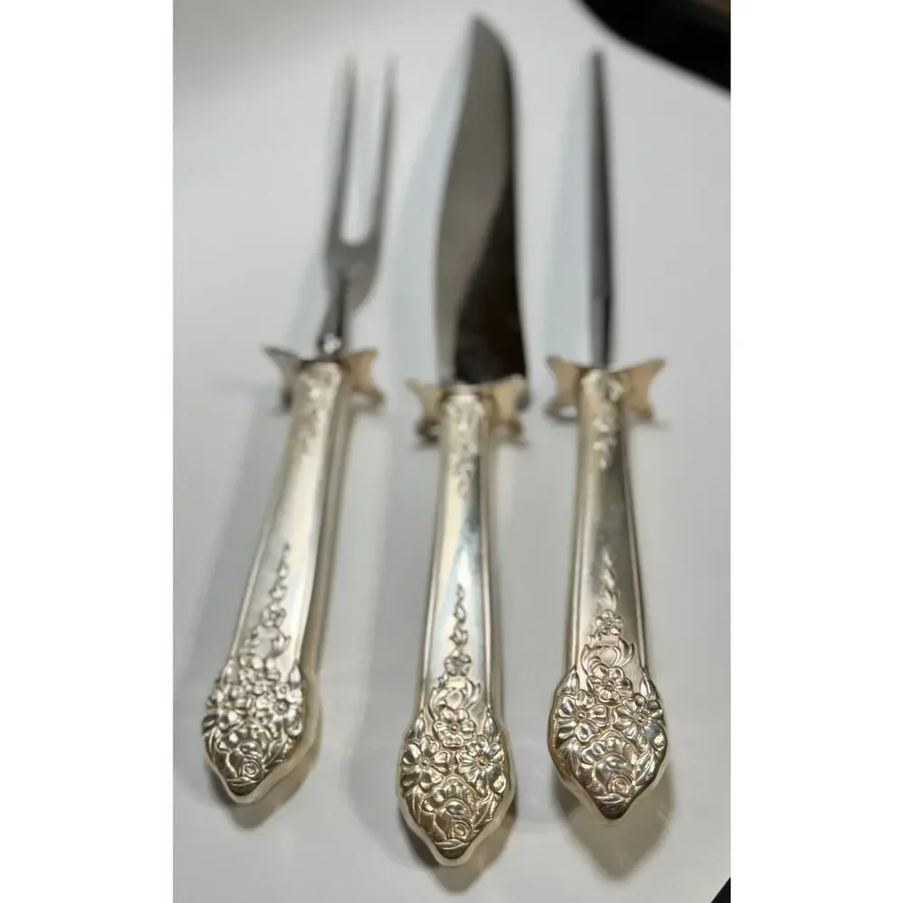 National Prince Edward 3 Pc Carving Set Silver Plate Knife‎ Fork Steel